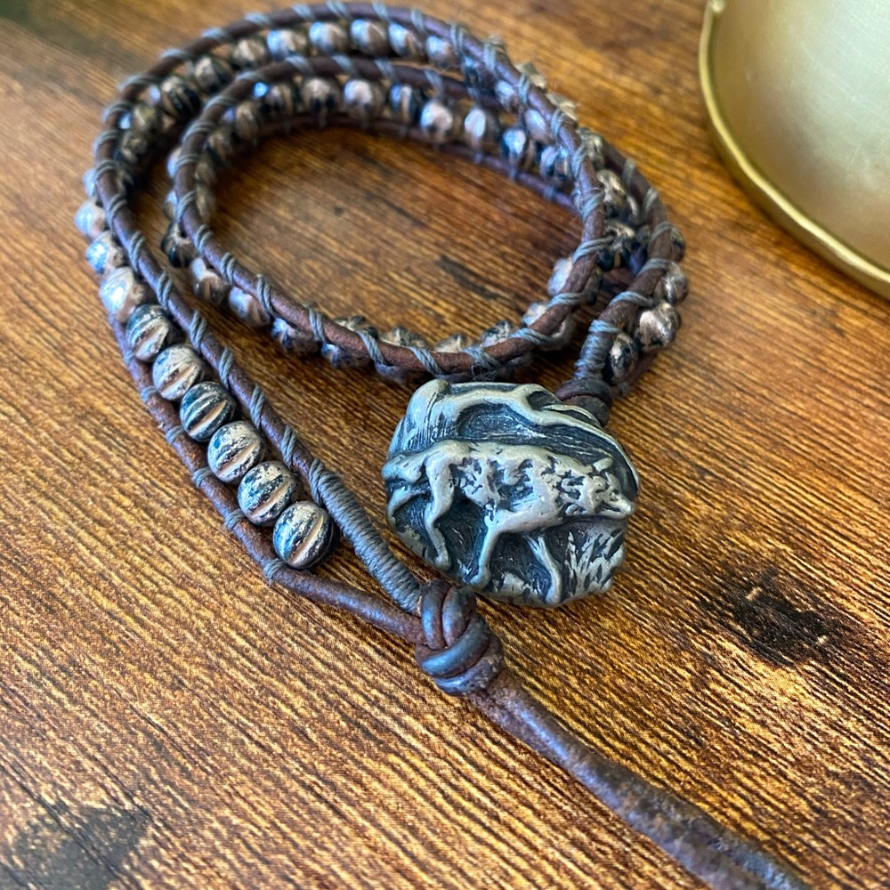 Silver wolf leather wrap bracelet